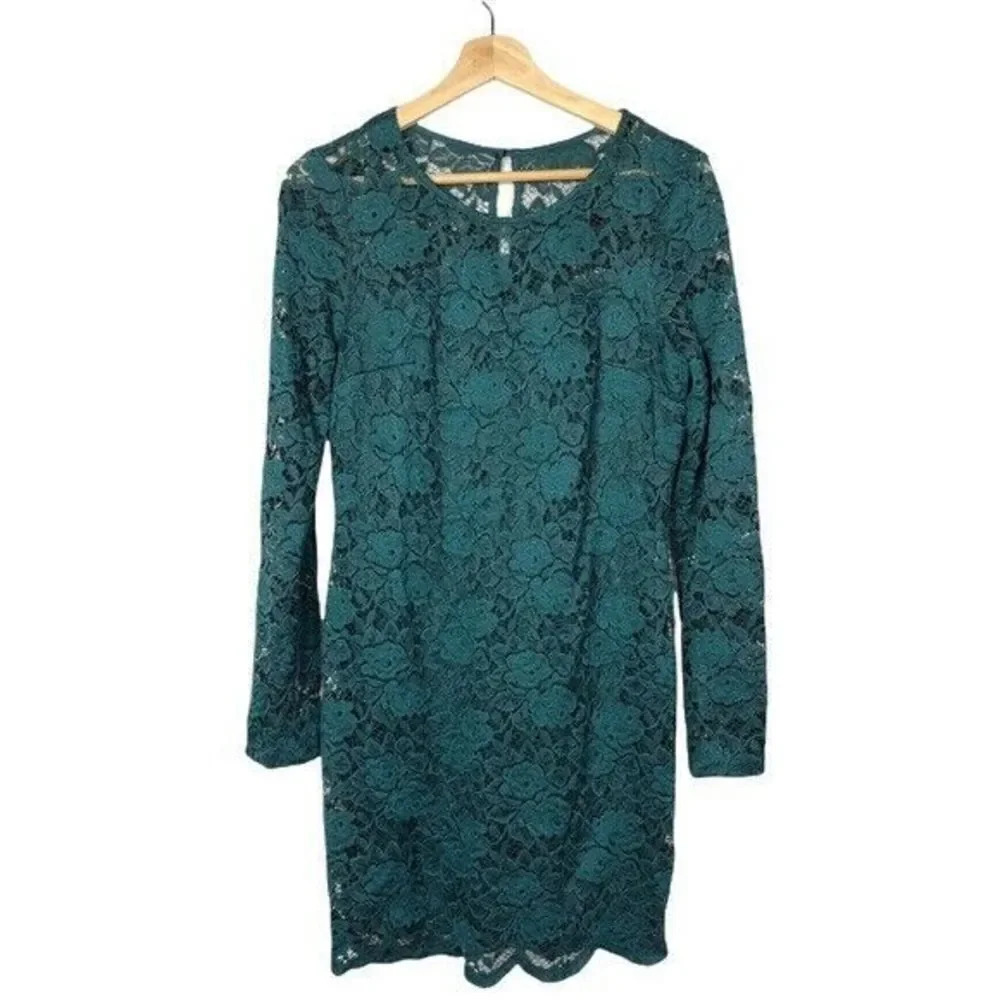 Fortune & Ivy Sylvia Emerald Green Long Sleeve Lace Christmas Party Dress L